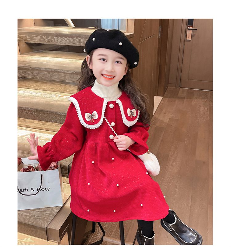 加絨不規則翻領氣質長袖連身洋裝-蝴蝶結-紅色