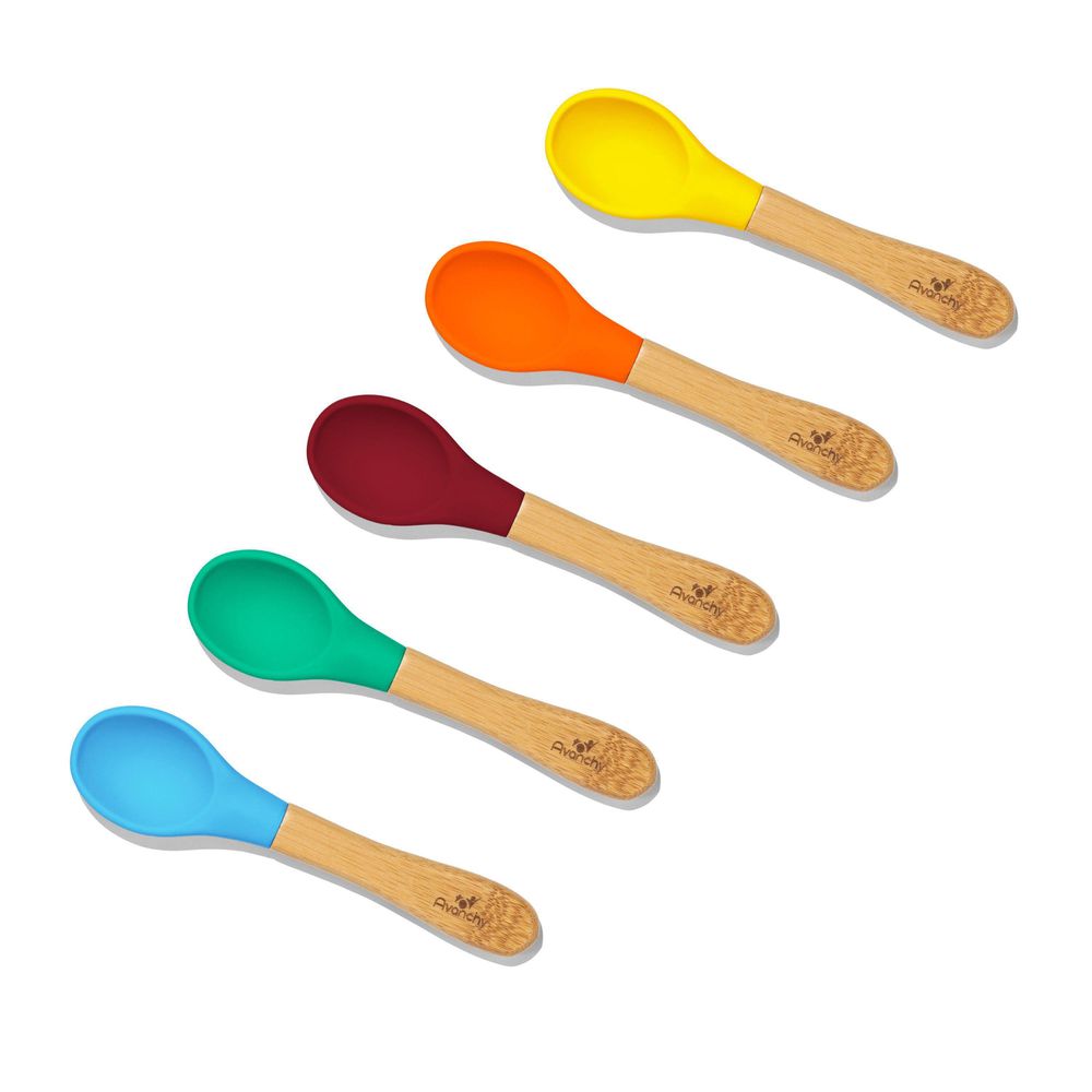 Avanchy - 有機竹製五色矽膠湯匙-短柄-5入組-藍、綠、深紅、橙、黃各一