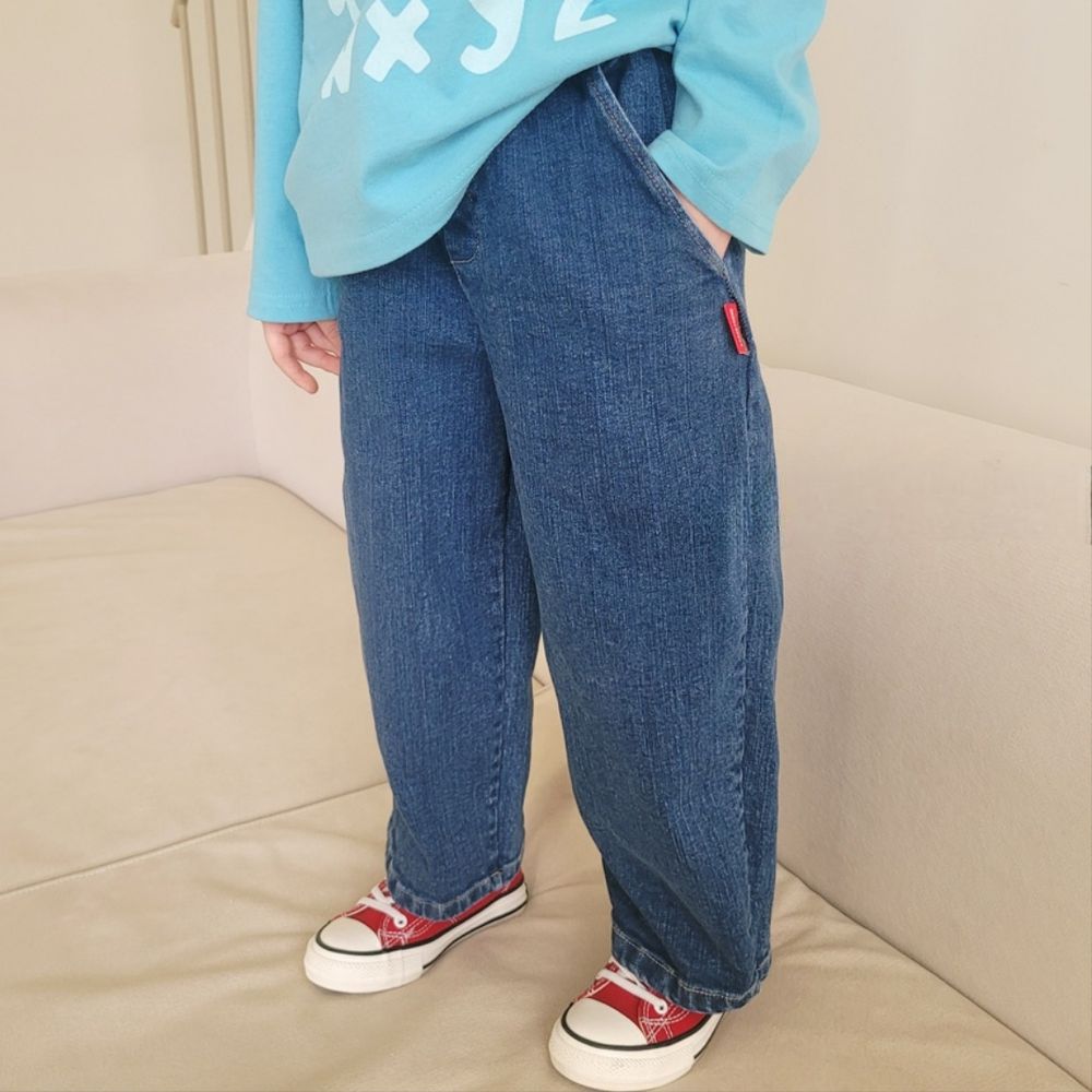 Peanuts House 鬆緊腰紅標點綴丹寧長褲-深藍