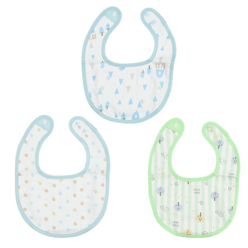 akachan honpo - 雙面毛巾布&棉紗圍兜3件組-藍色 (70cm～95cm)