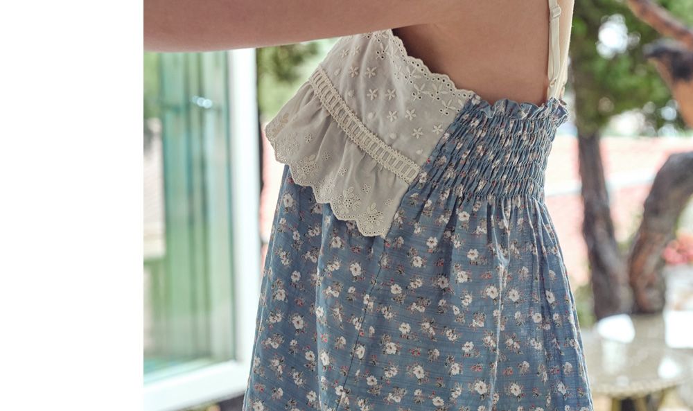 韓國 ULLALA - 蕾絲花邊無袖睡衣(兩件式)-藍 (FREE)