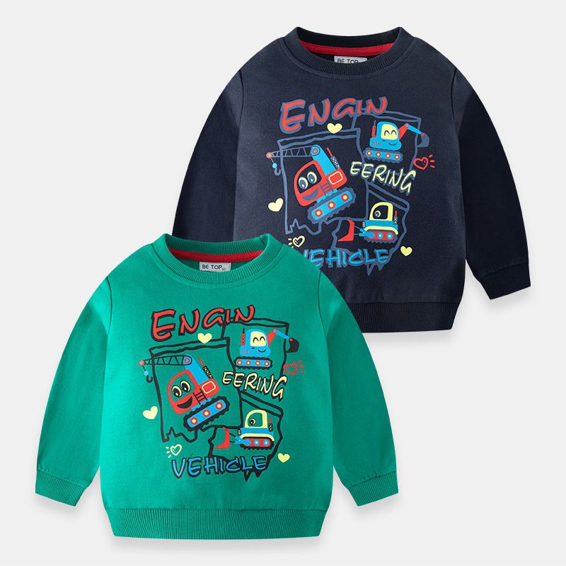 純棉圓領長袖上衣/大學T-合作的工程車車-深藍色