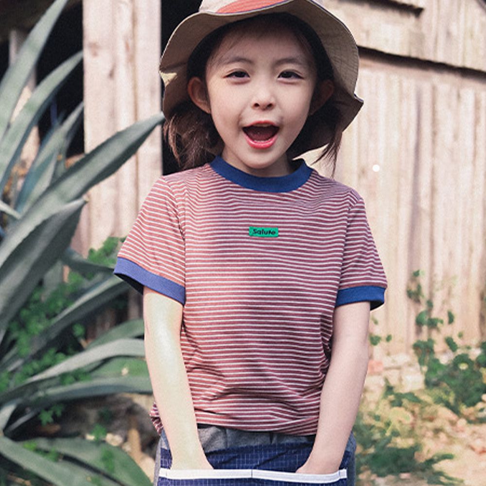 撞色條紋短袖上衣-紅棕