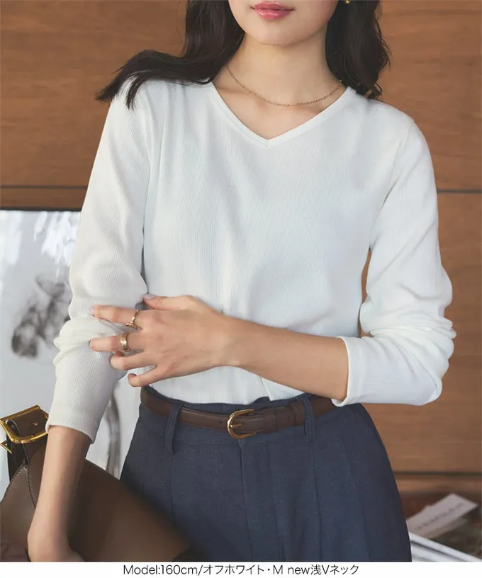 日本 Kobe Lettuce - 人氣商品 美型羅紋薄長袖上衣-(可選領)-白