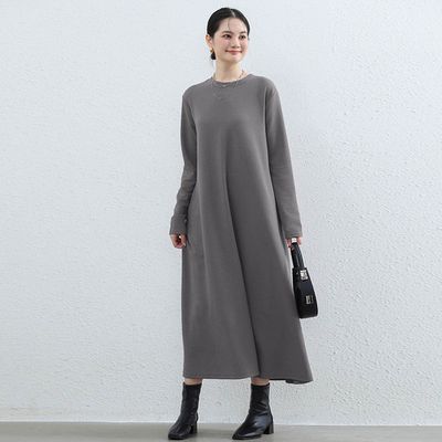 Yukié - 氣質華夫格顯瘦A字長袖長洋裝-灰色