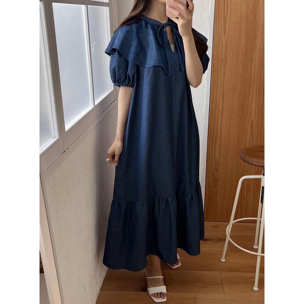 日本 GRL - 文藝少女荷葉領綁帶短袖洋裝-丹寧藍 (F)