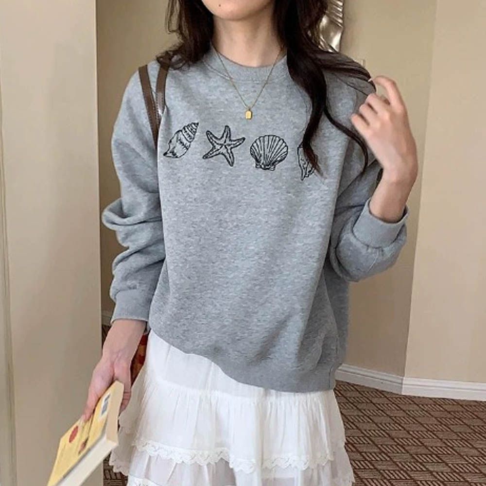 長袖大學T-貝殼刺繡-灰色 (F)
