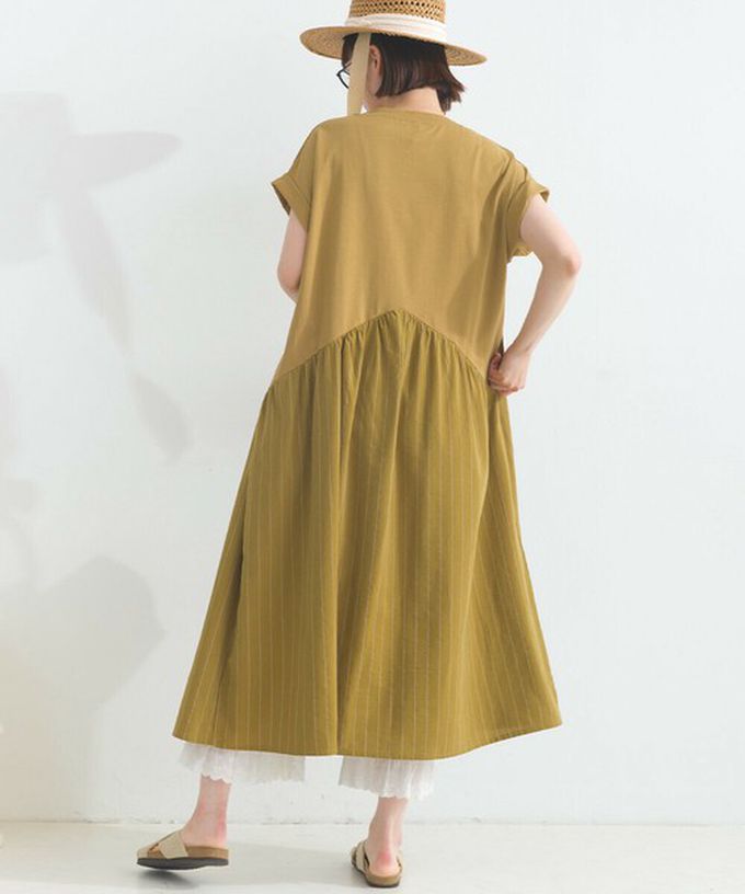 日本 Lupilien - [人氣款]亞麻混紡條紋拼接短袖洋裝-芥末黃