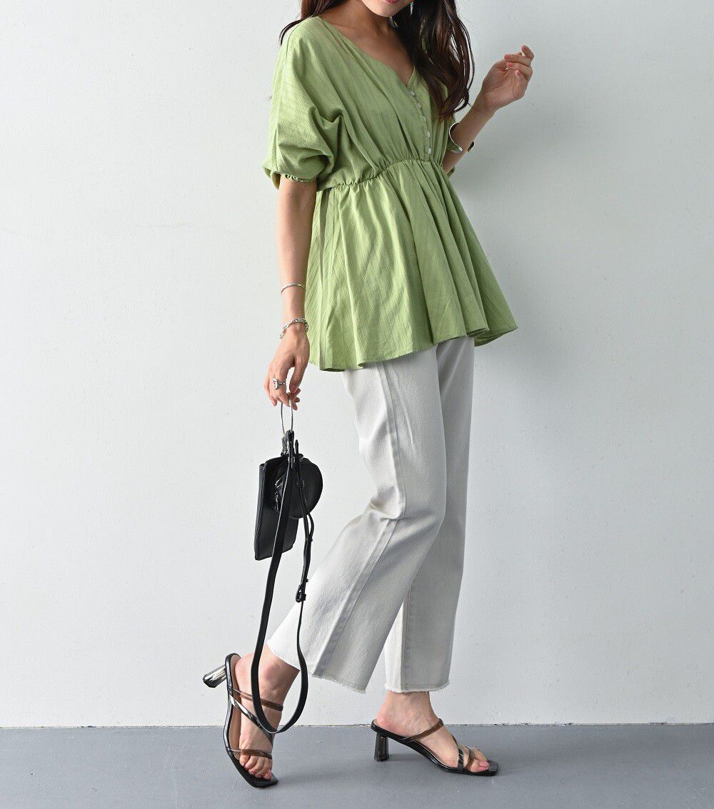 日本 ELENCARE DUE - 純棉 浪漫V領縮腰五分袖上衣-綠