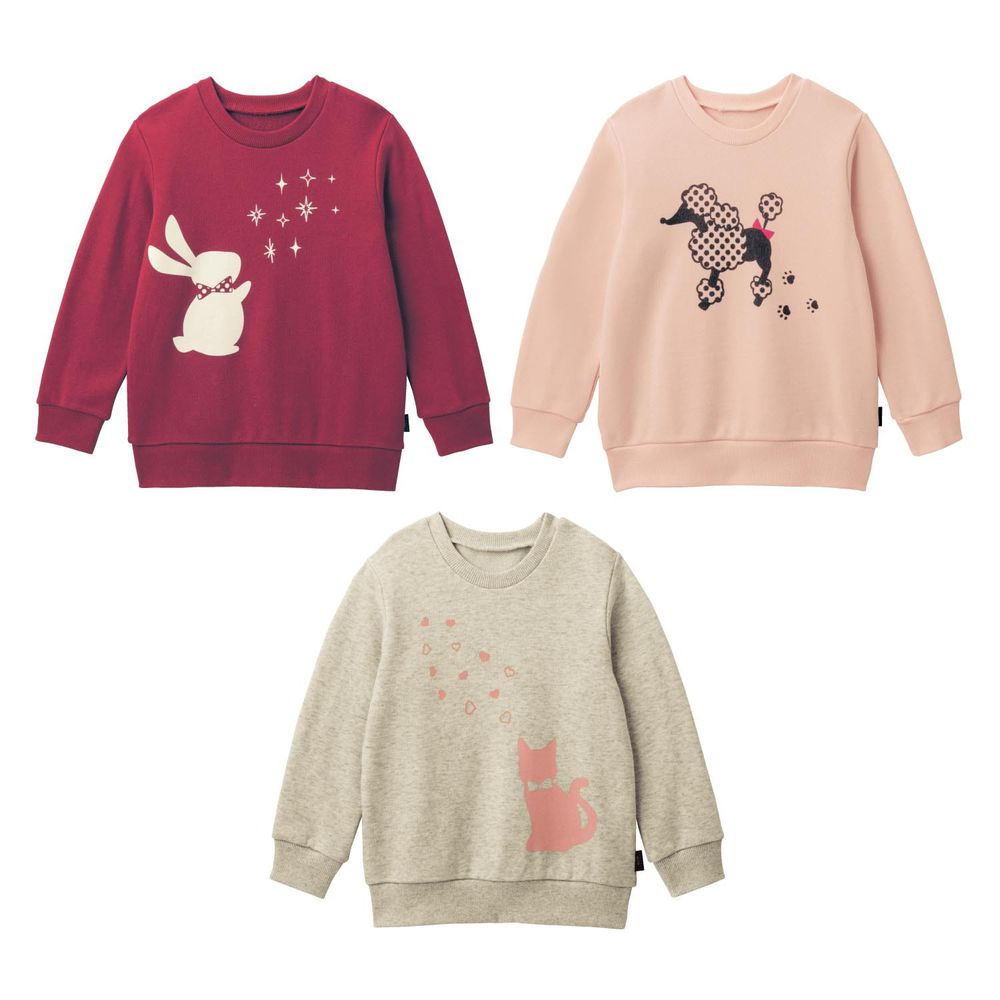 日本千趣會 - GITA 超值裏毛T恤三件組(長袖)-兔子貓狗-粉色系
