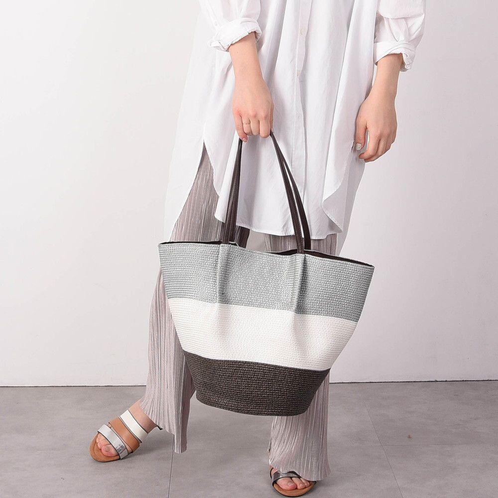 日本 COOCO - 三配色大容量托特手提包-灰米咖 (21x30x15cm)