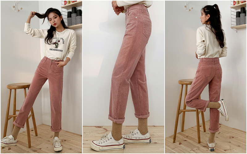 韓國 ENVYLOOK - 燈芯絨修身直筒褲-焦糖棕