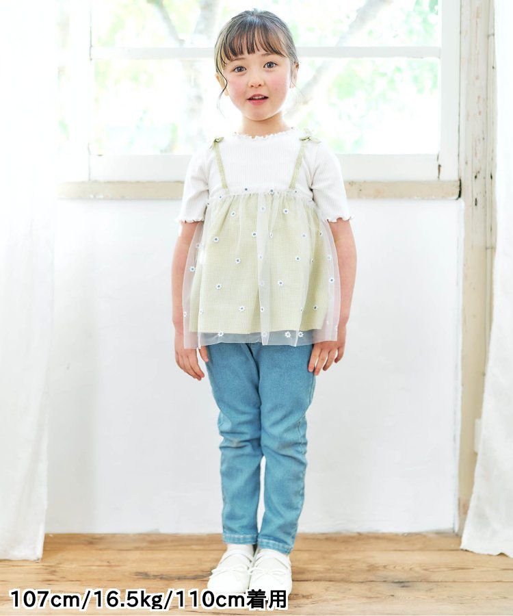 日本 apres les cours - 花朵刺繡拼接夢幻短袖上衣-卡其x粉紅