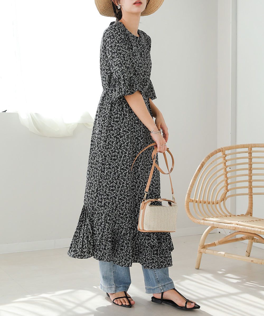 日本 Bab - 圓領碎花糖果袖洋裝-奶油白