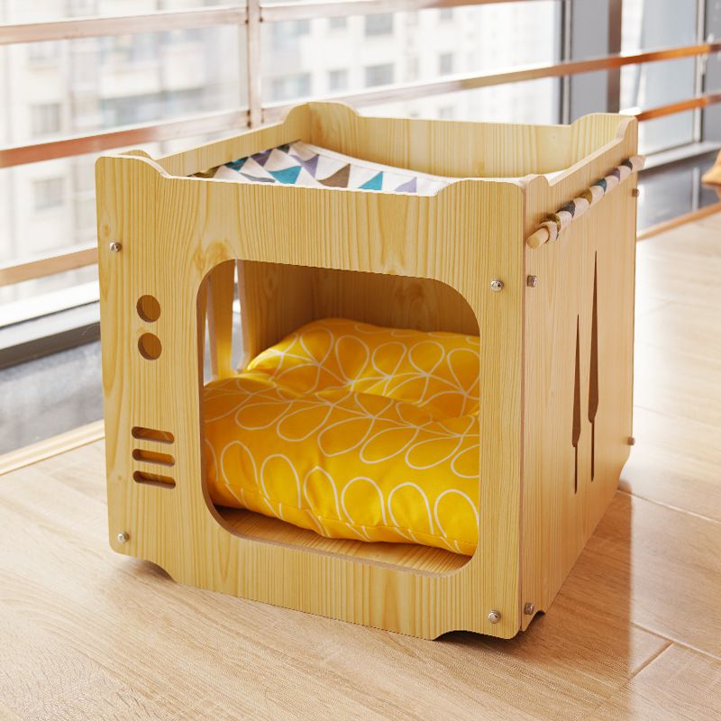 封閉式木質簡約貓窩(需組裝)-電視紅松款+墊子-咖啡色