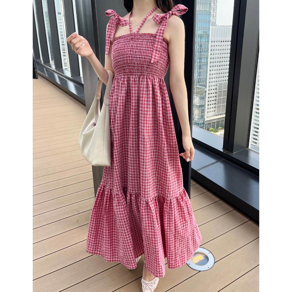 甜心肩蝴蝶結皺摺格紋無袖洋裝-(綁帶可拆)-紅 (F)
