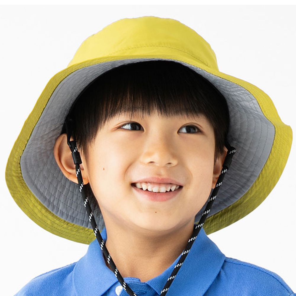 日本 irodori - 抗UV可捲收防潑水遮陽帽(附防風帽帶)-兒童款-萊姆黃x灰內裏 (54cm)