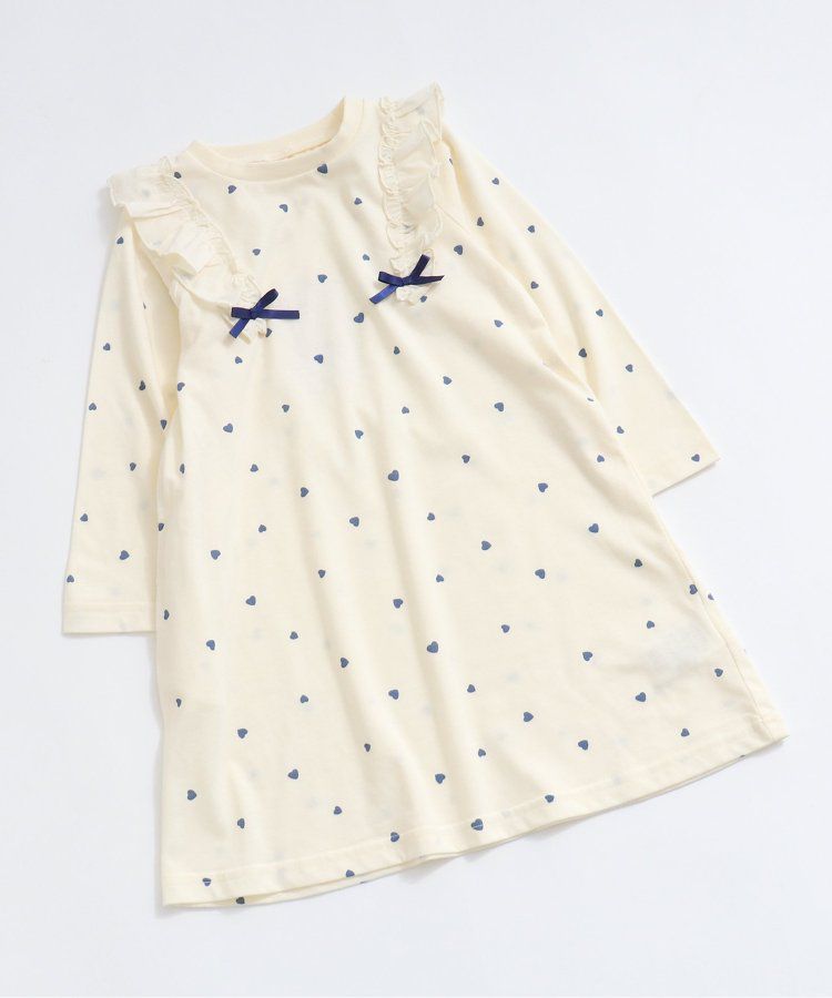 日本 apres les cours - 肩部荷葉印花薄長袖洋裝-愛心-海軍藍