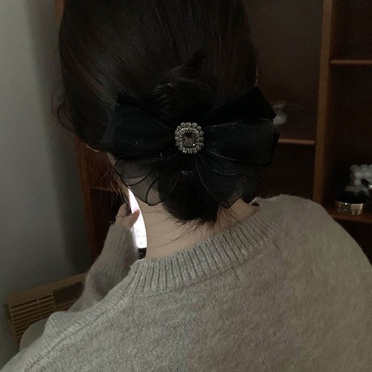 網紗水鑽蝴蝶結髮夾-方形水鑽-黑色