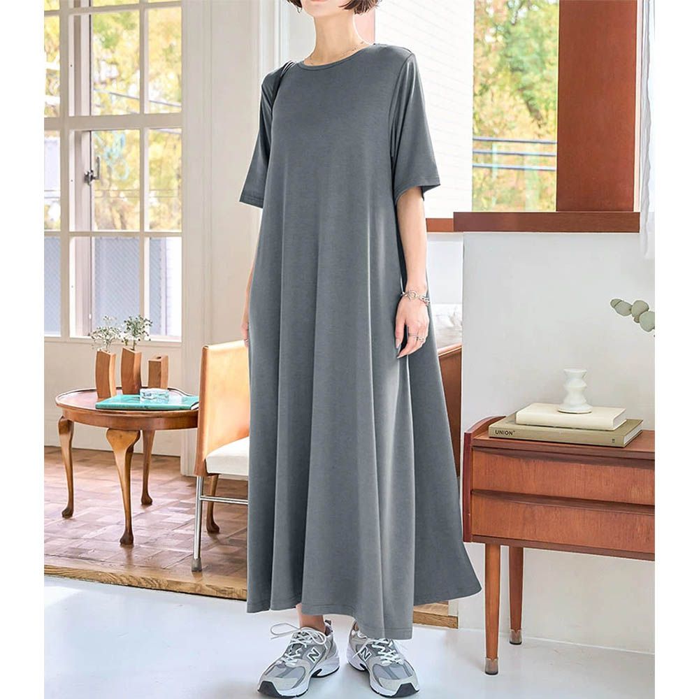 接觸冷感 抗皺彈性傘狀長洋裝(袖可選)-炭灰