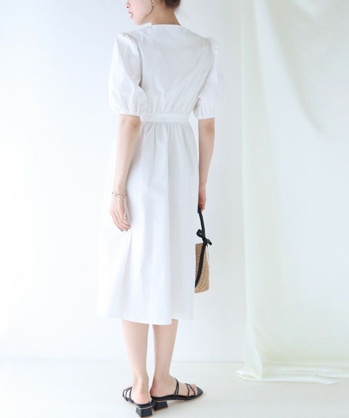 日本 BLUE EAST - 悠閒時光V領綁帶短袖洋裝-桃粉