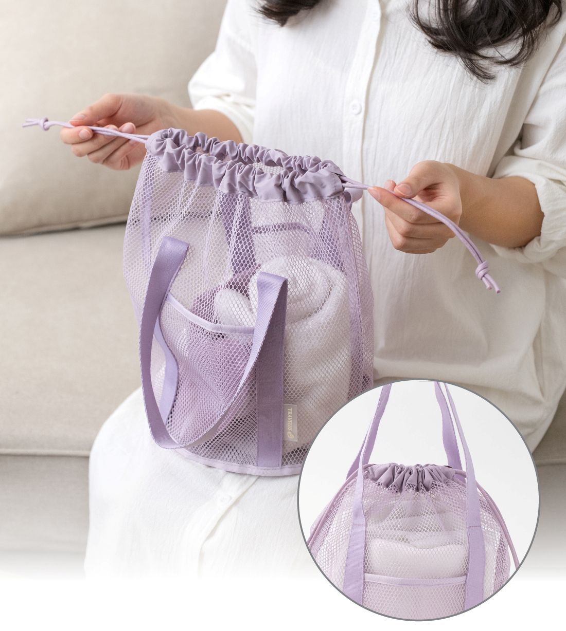 韓國 byfulldesign - 韓製手提網眼水桶抽繩收納包-霧綠 (320x320x220mm)