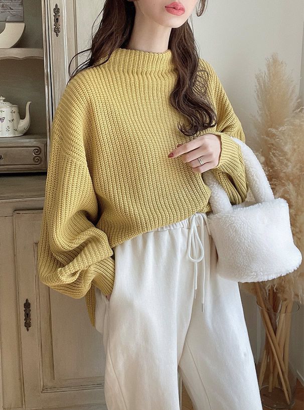 日本 GRL - 優雅酒瓶領澎澎袖針織毛衣-咖啡 (F)