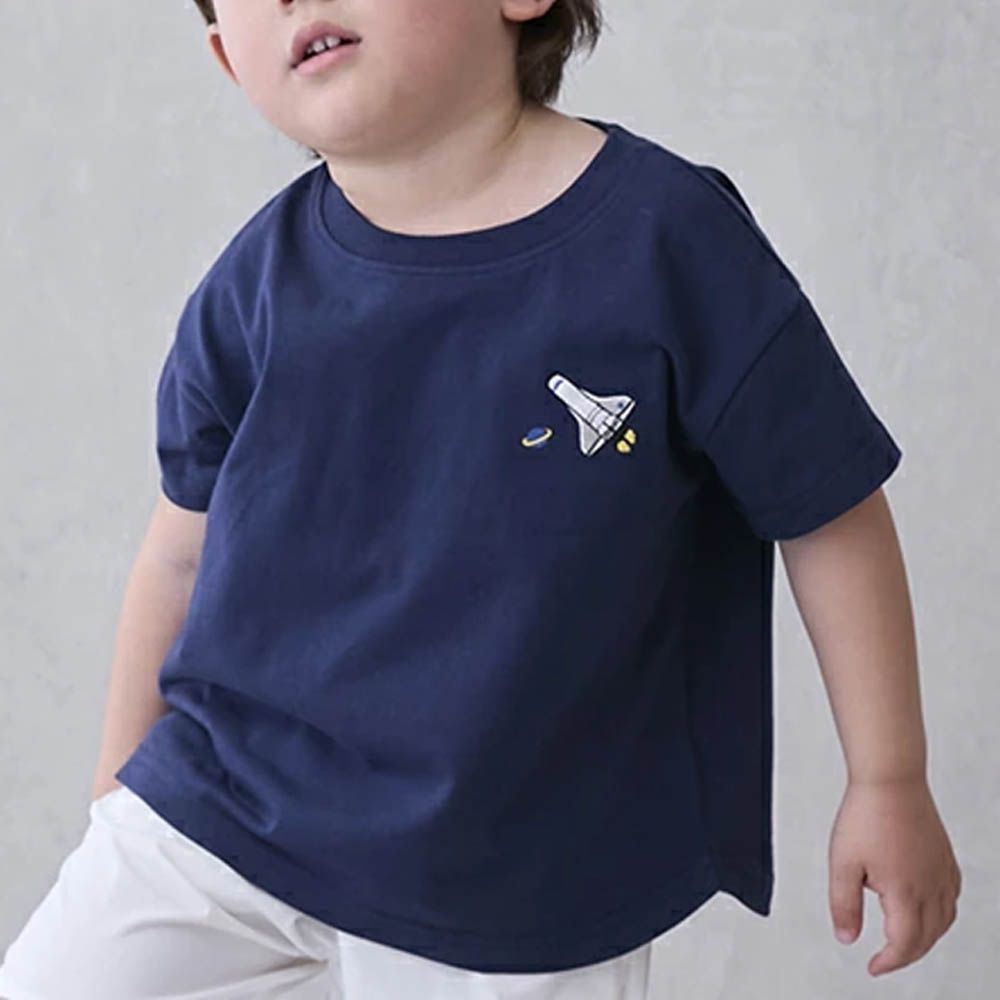 [低價]接觸冷感 刺繡短袖上衣-火箭-靛藍