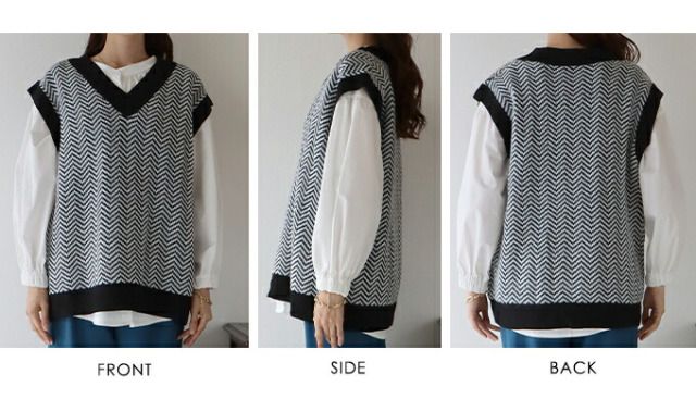 日本 BLUE EAST - 人字紋V領針織背心-黑