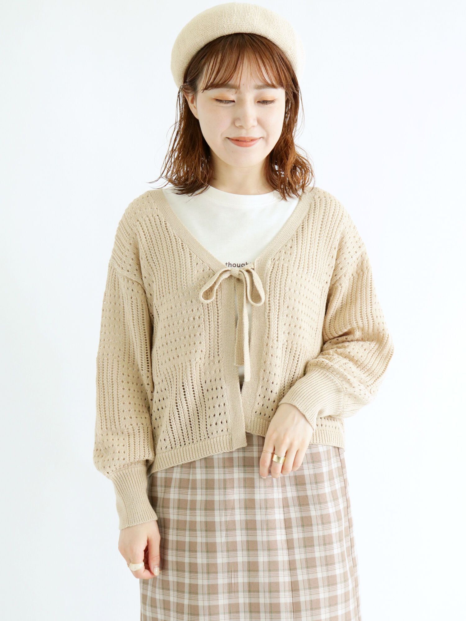 日本 ehka sopo - 特色鉤針綁帶罩衫-氣質杏