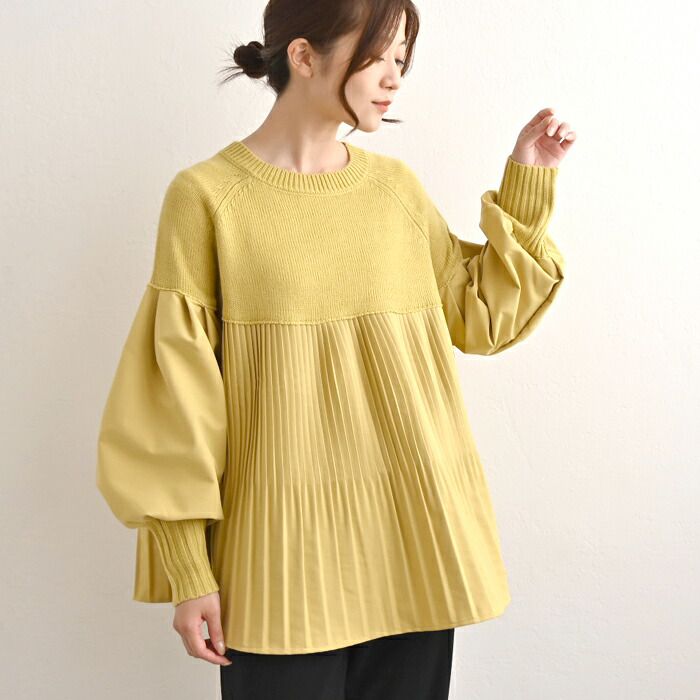 日本 ihuu - A字顯瘦百摺氣球袖針織上衣-黃