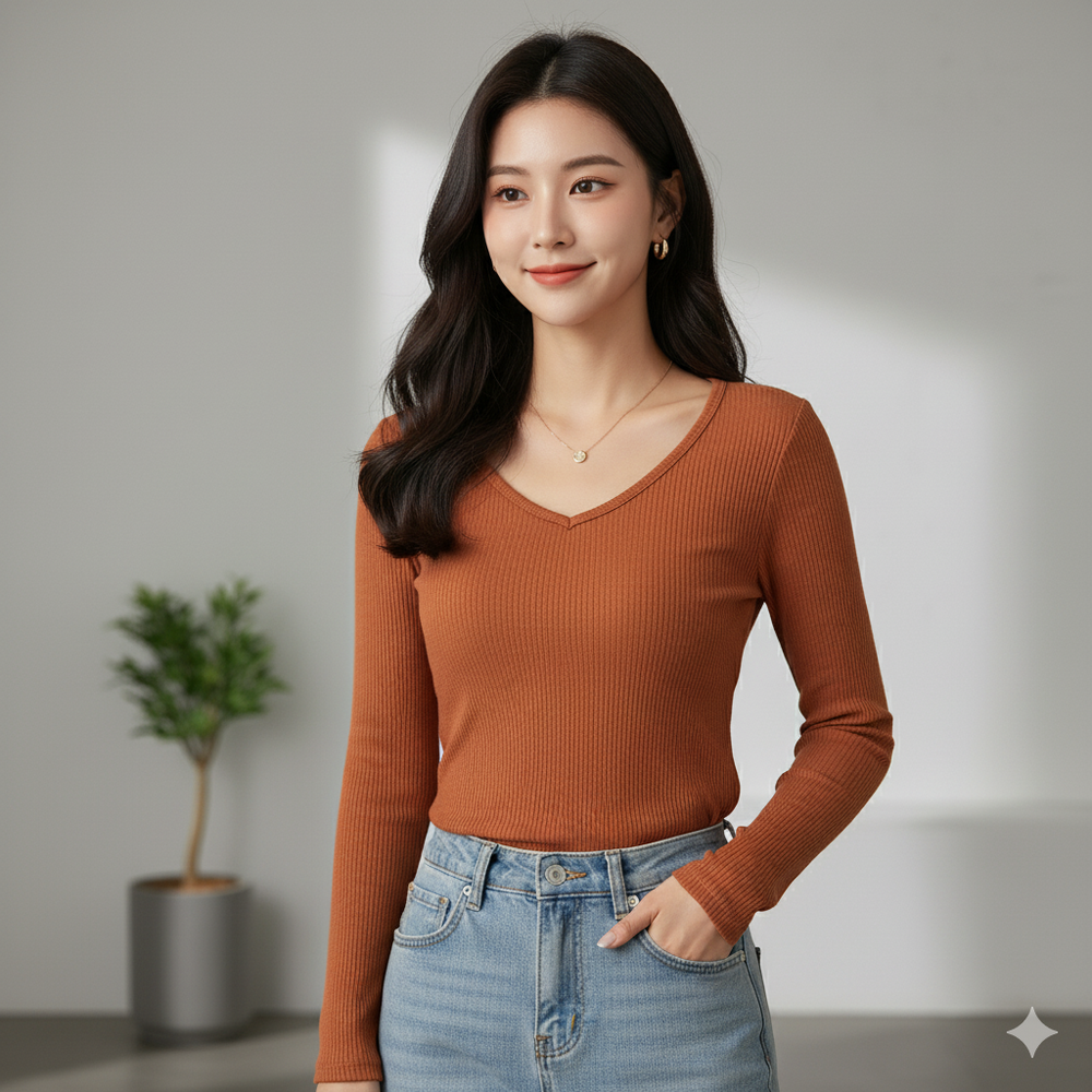 法式桃心領長袖BRA TOP/附罩杯上衣-焦糖色