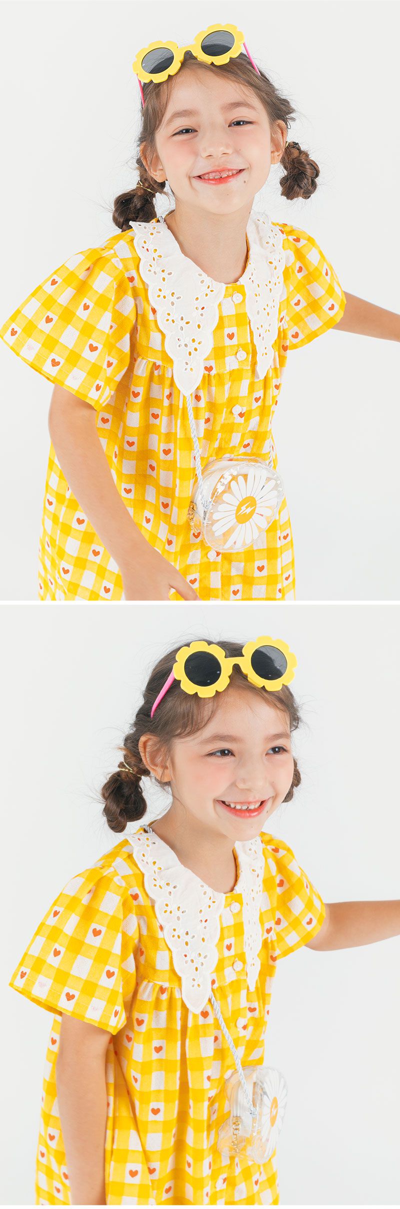 韓國 OZKIZ - 鏤空雕花領格子愛心洋裝