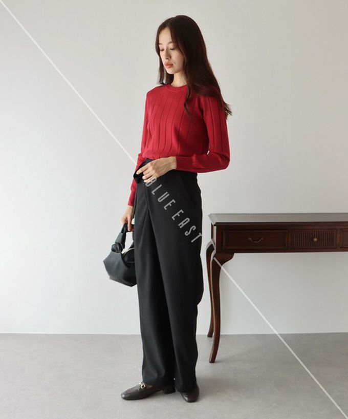 日本 BLUE EAST - 圓領粗坑條長袖針織上衣-奶油杏