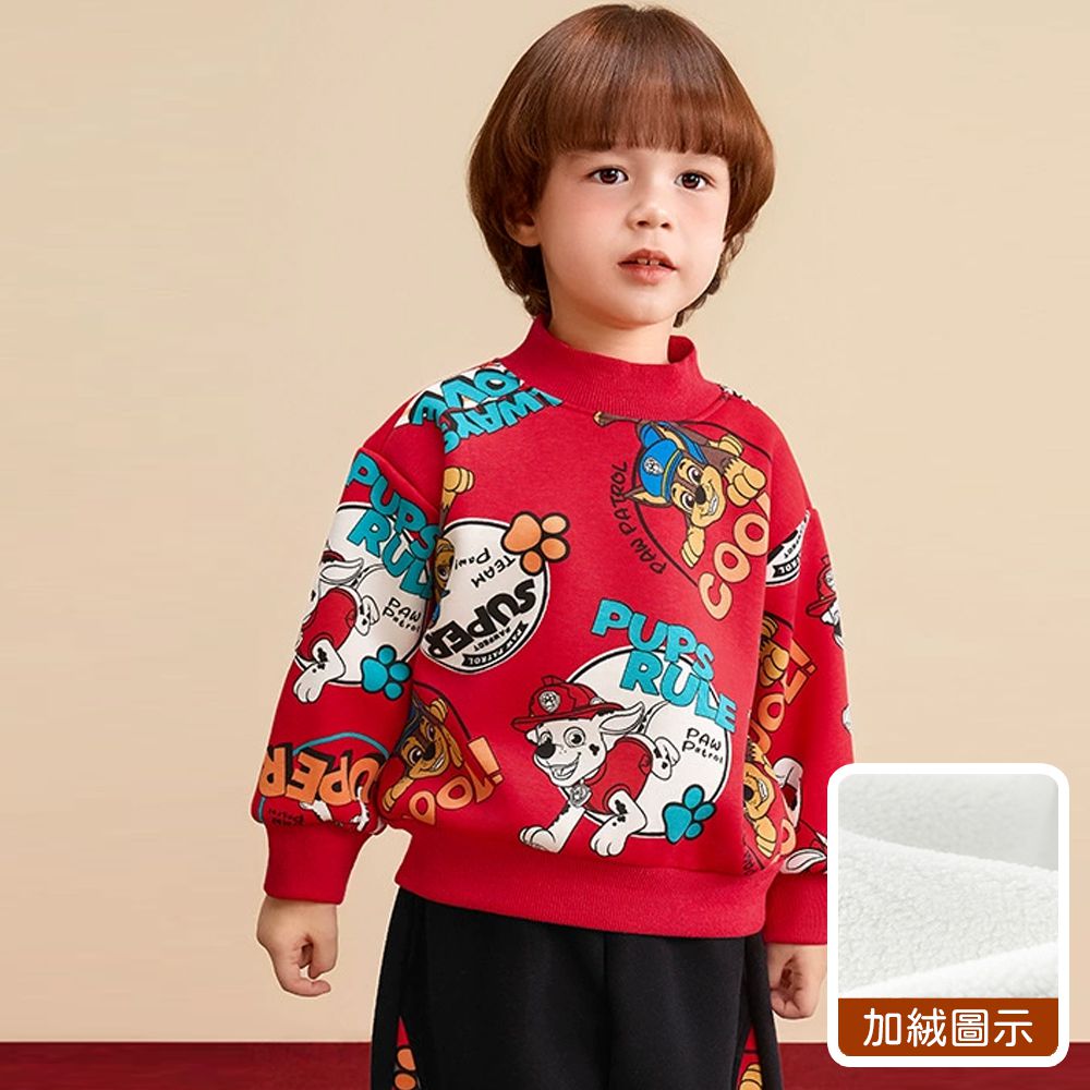 卡通汪汪隊加絨半高領假兩件長袖上衣-滿版印花-紅色