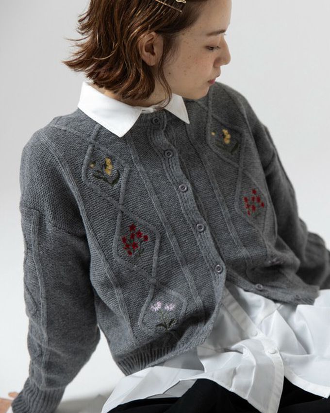 日本 gleam - 文藝風小花刺繡立體針織開襟衫-灰