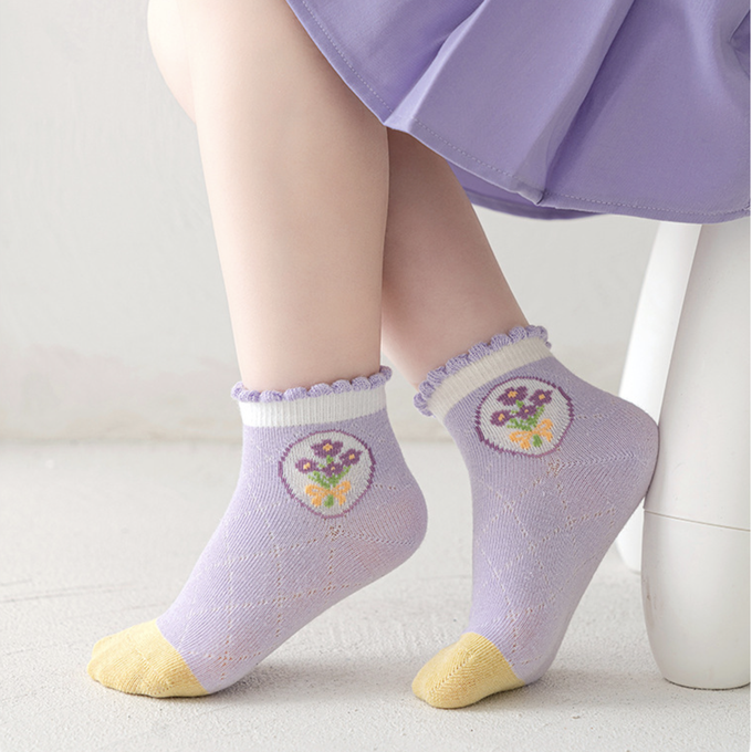 love, charlotte - 泡泡花邊花園小兔紫色網眼短筒棉襪-5 雙一組