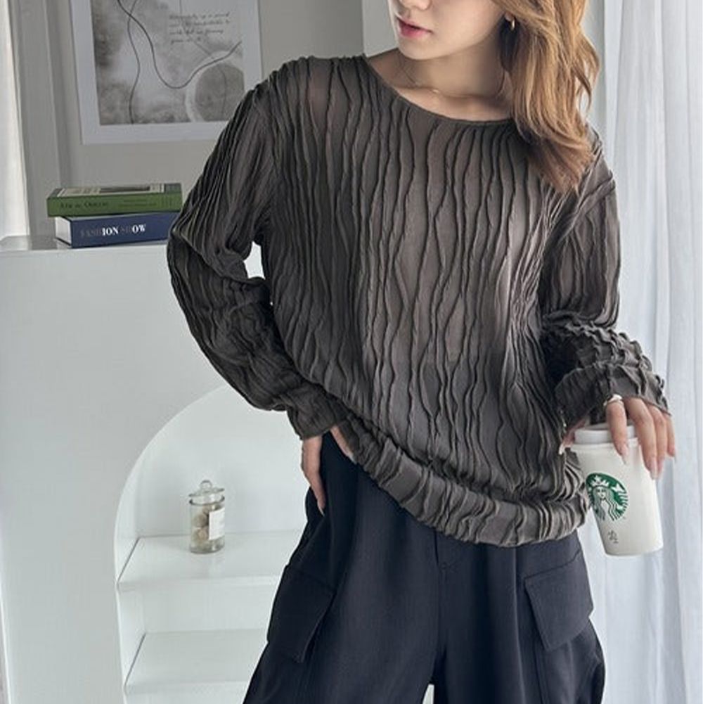 圓領波紋透感長袖上衣-灰摩卡