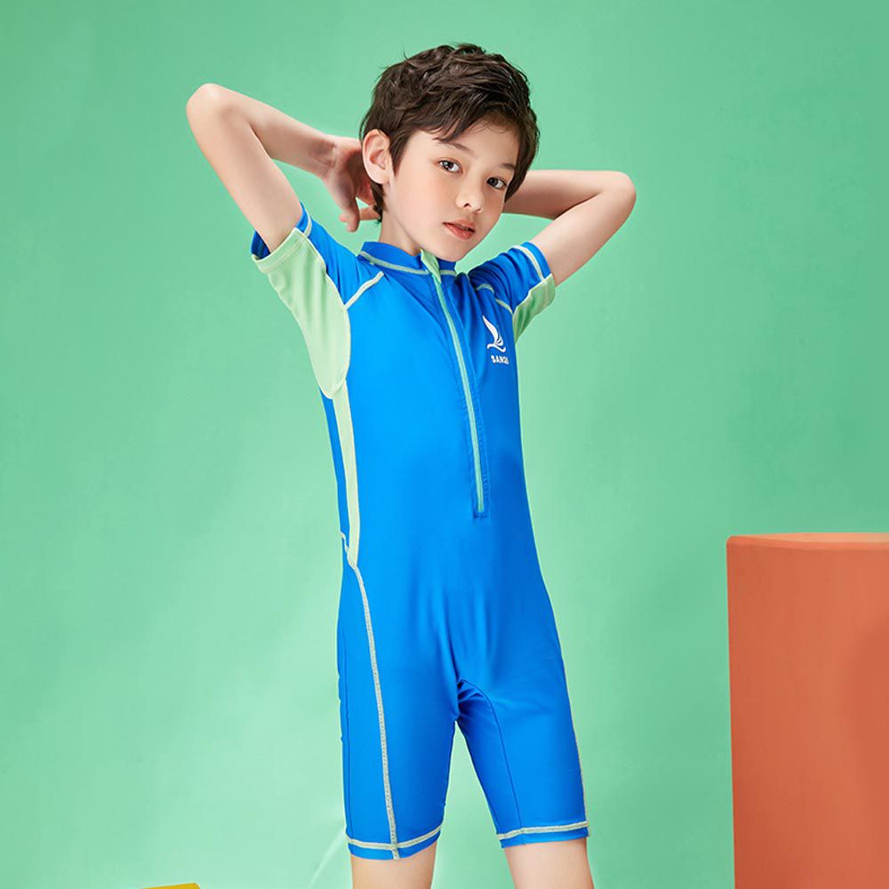 SANQI - 男寶運動風短袖連身泳衣-藍色