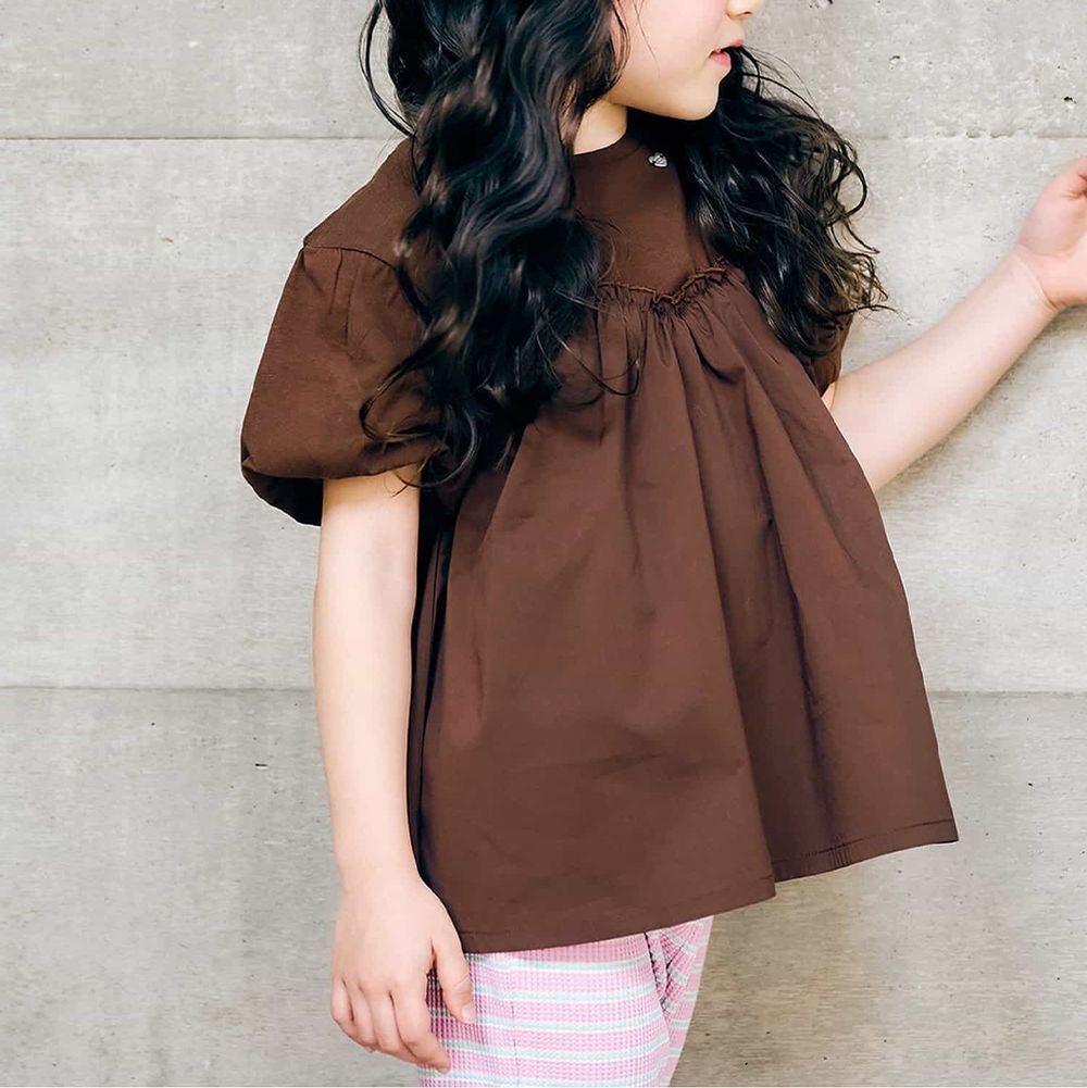 飄逸傘擺泡泡短袖上衣-咖啡