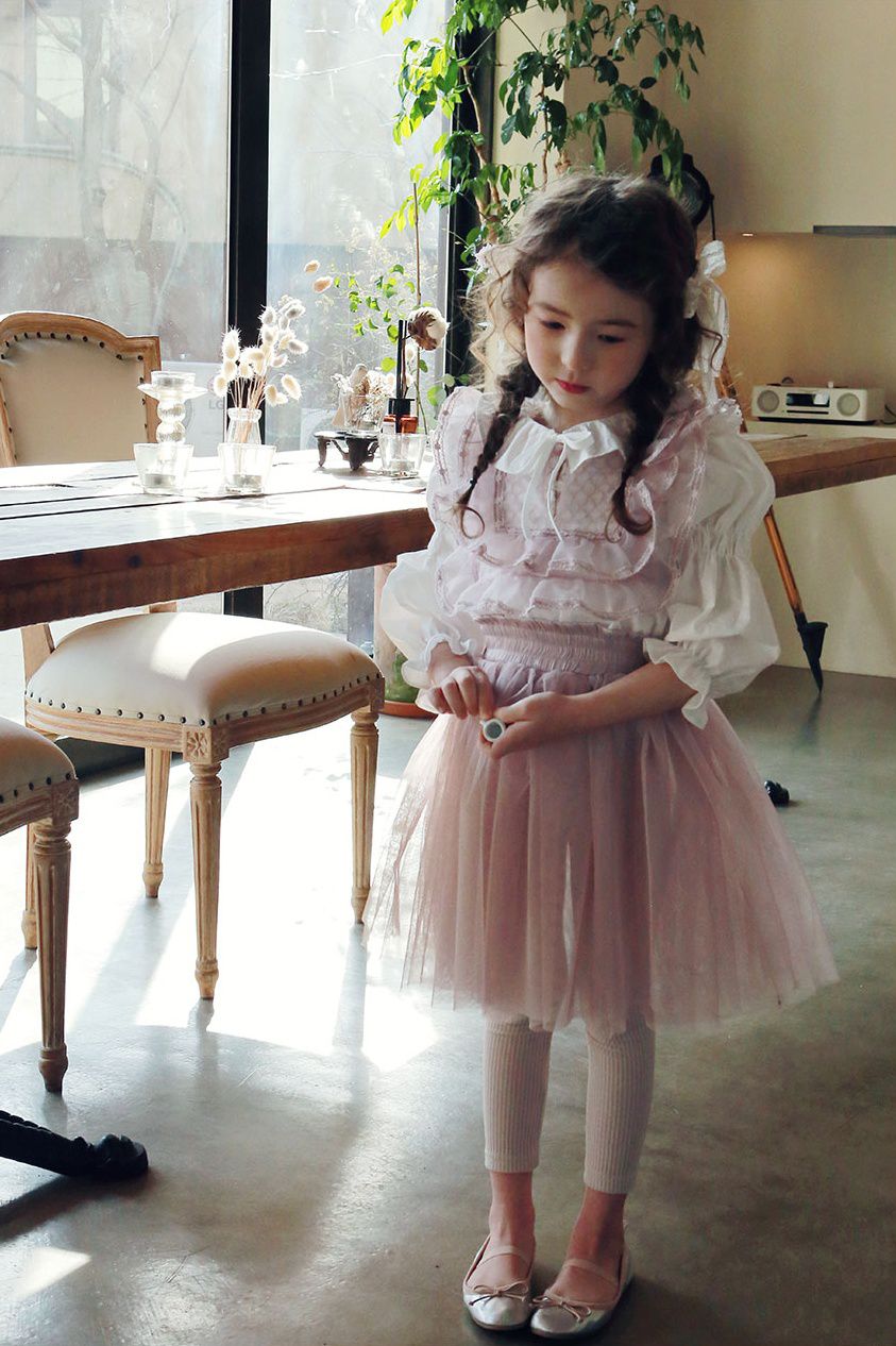 韓國 PuellaFLO - (現省50元)抓皺荷葉上衣+蕾絲蝴蝶結網紗褲裙-白上衣X粉紅紗裙