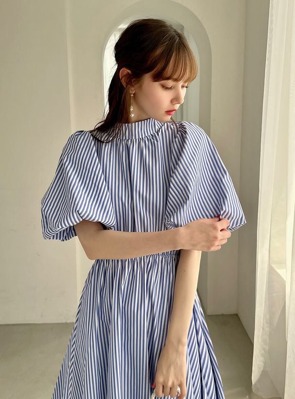 日本 GRL - 文藝浪漫後綁帶泡泡袖洋裝-直條紋-奶茶棕