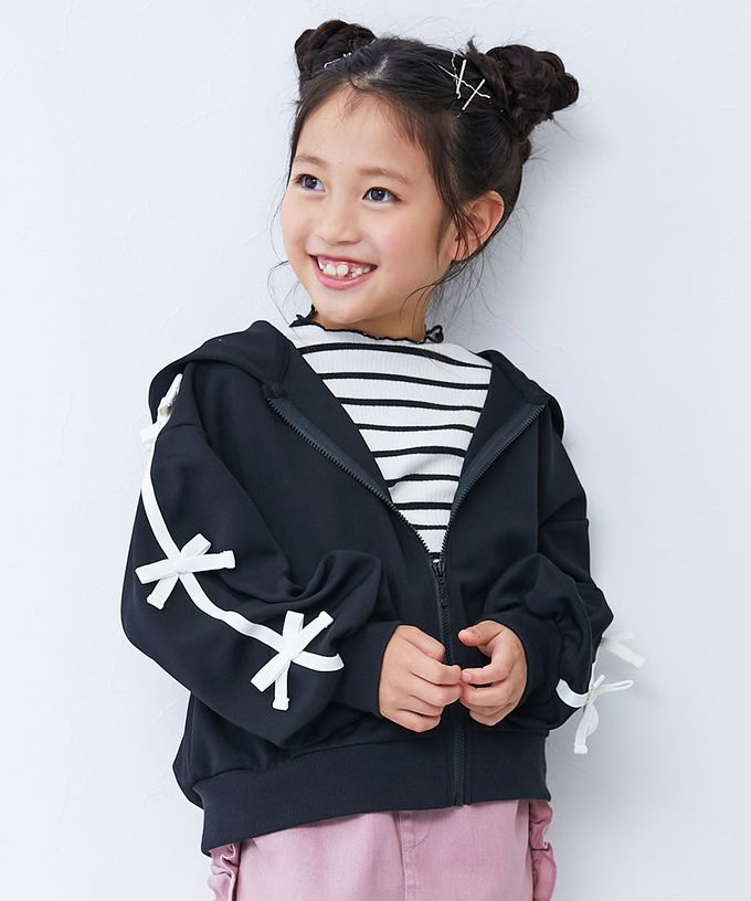 日本 devirock - 甜美蝴蝶結落肩連帽外套-黑