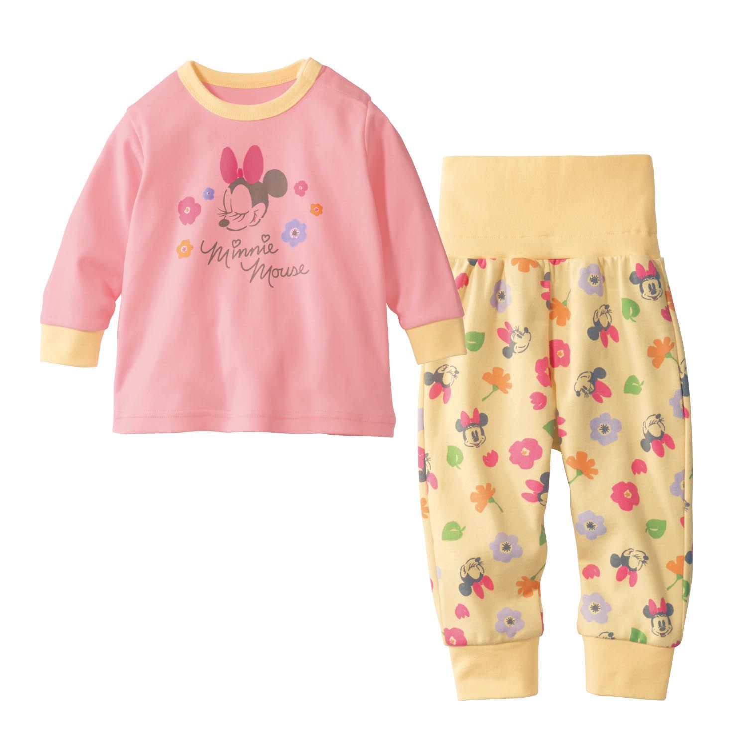 日本千趣會 - 迪士尼小童純棉腹卷長袖家居服/睡衣-花朵米妮-粉紅X黃