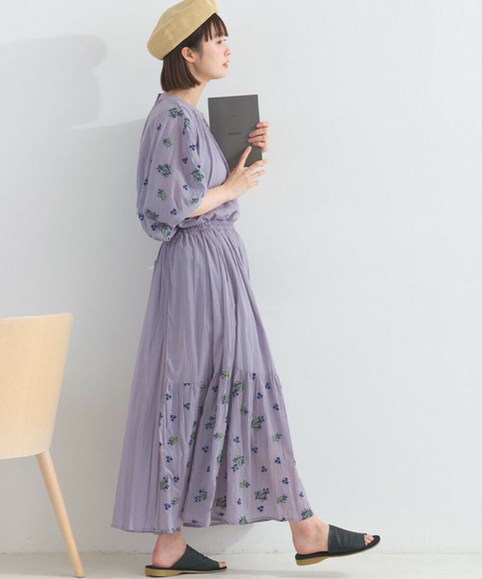 日本 Lupilien - 100%印度棉 優美植物刺繡長裙-海軍藍