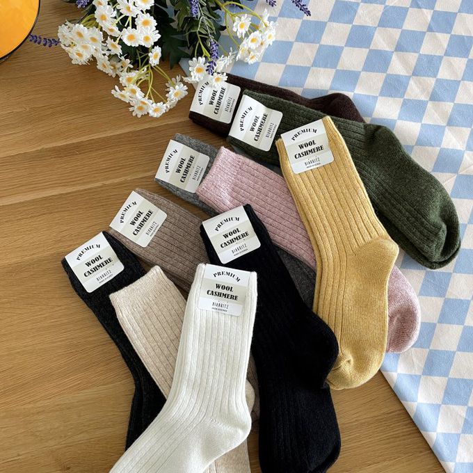 韓國Marian - 直紋素色羊毛保暖襪-粉色 (Free)