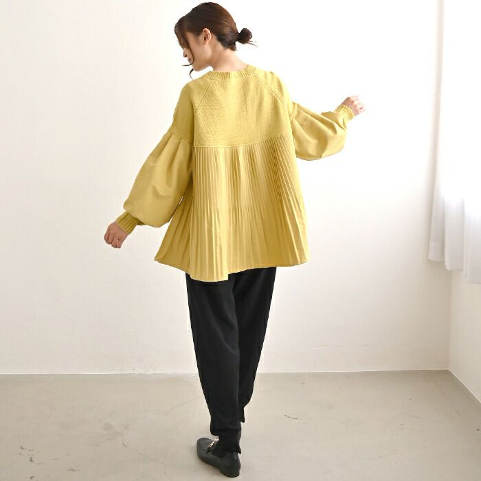 日本 ihuu - A字顯瘦百摺氣球袖針織上衣-黃