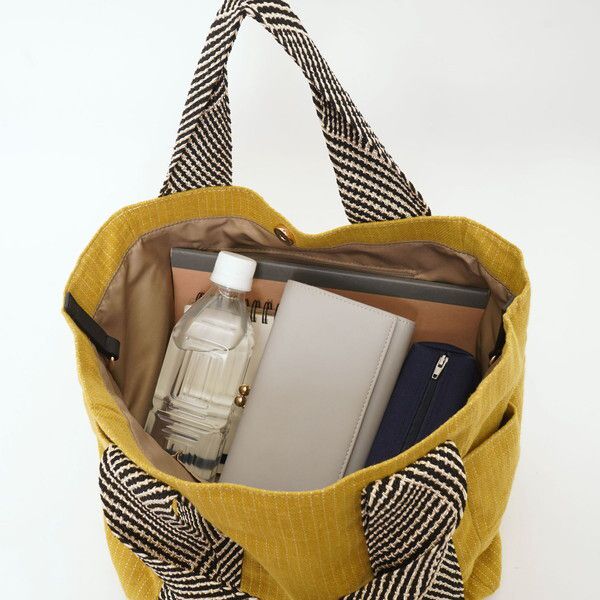 日本 COOCO - 棉麻條紋拼接手提包-黃 (27.5x24x16cm)