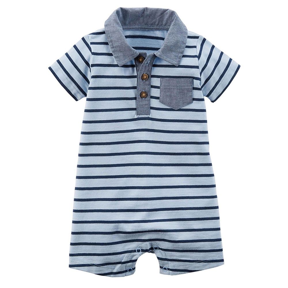 美國 Carter's - 嬰幼兒短袖連身衣-水藍條紋