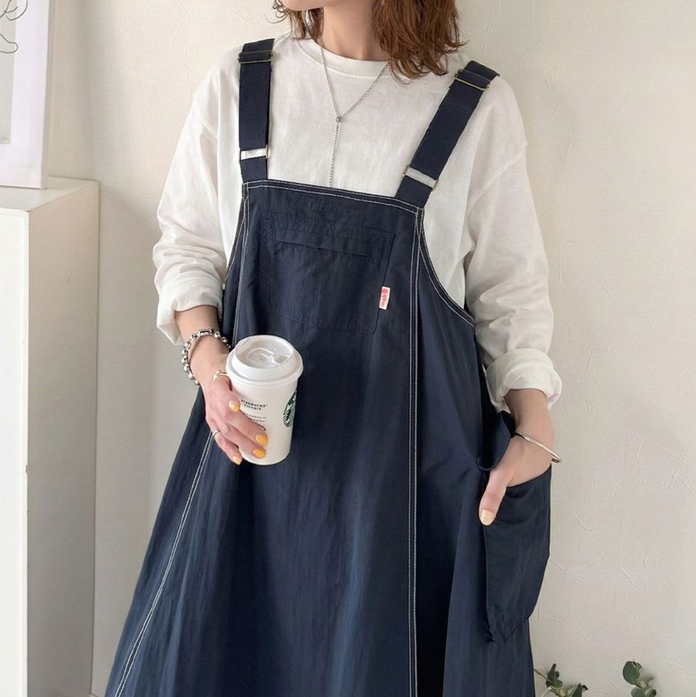 Java 工裝風舒適傘擺尼龍吊帶裙-海軍藍